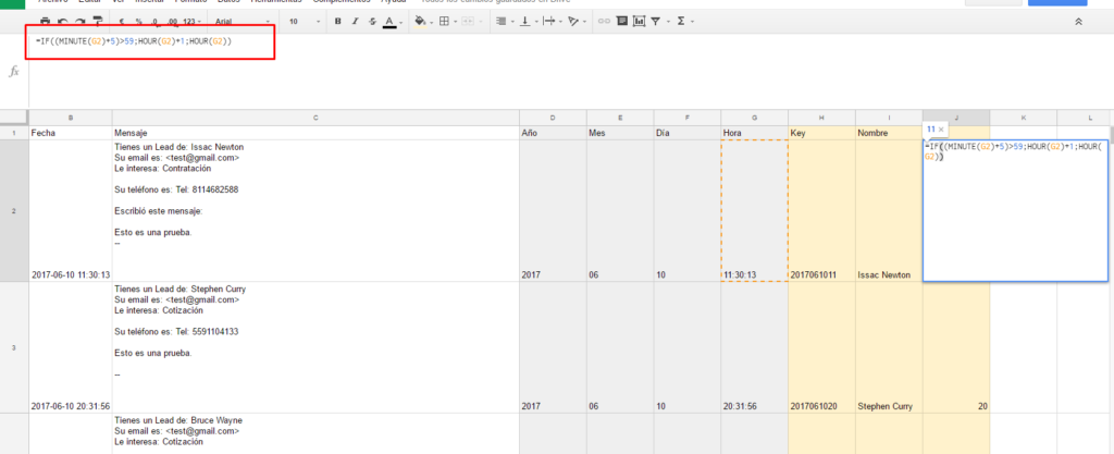 fórmula google sheets para extraer hora