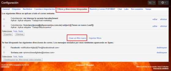 filtros para etiquetas de gmail