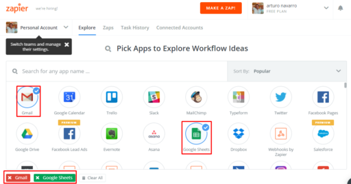 zapier gamil + google sheets